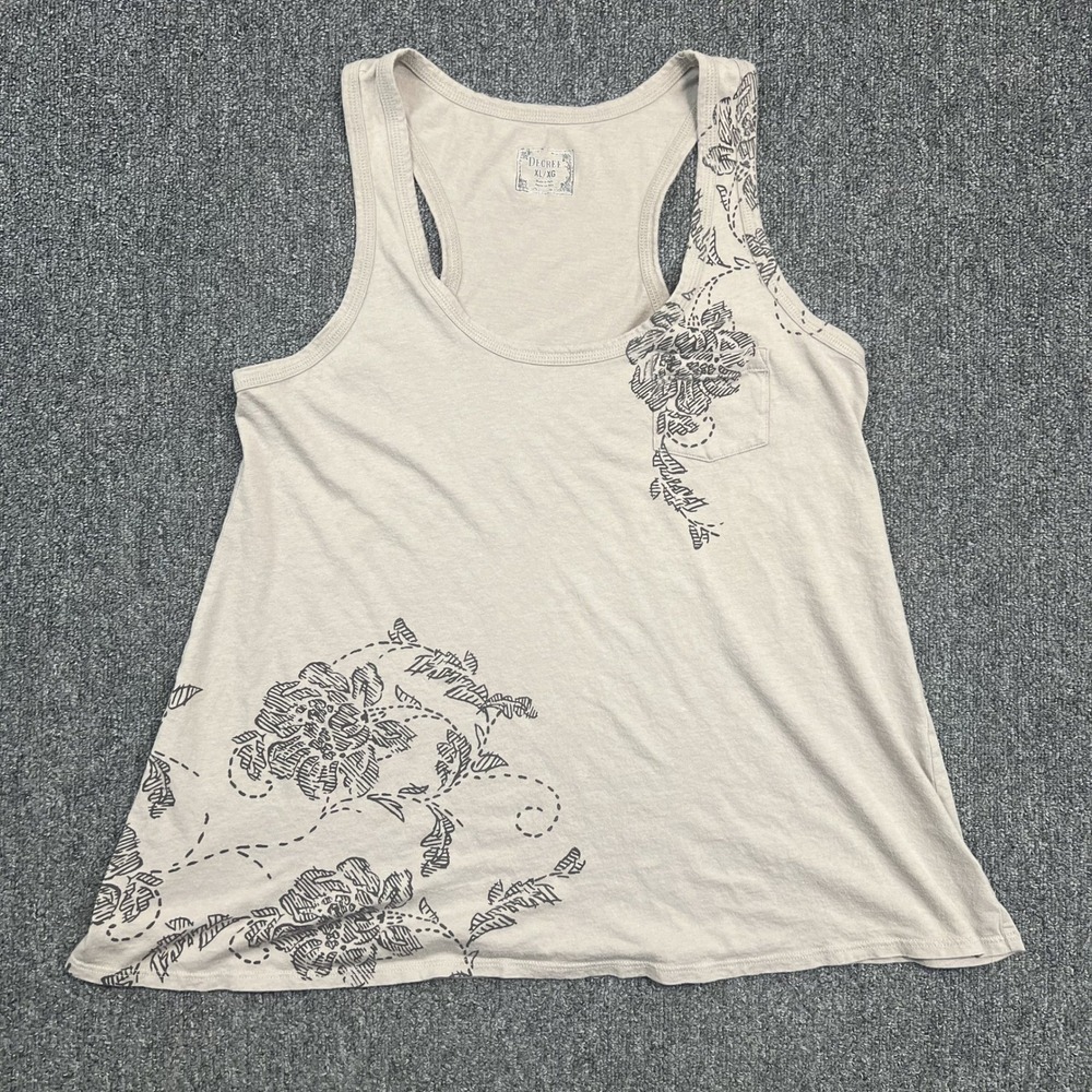 Decree Y2K Floral Racerback Tank Top XL Tan Cotton Blend Pocket Boho Casual